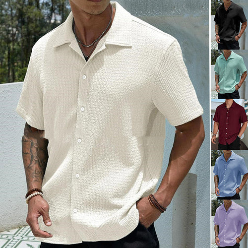 Men's Solid Color Short Sleeve Shirt Fashion Casual Button Lapel Tops