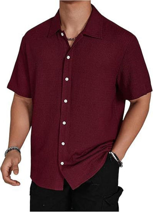 Men's Solid Color Short Sleeve Shirt Fashion Casual Button Lapel Tops