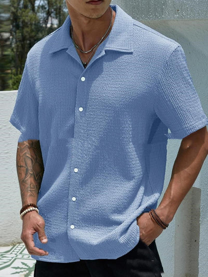 Men's Solid Color Short Sleeve Shirt Fashion Casual Button Lapel Tops